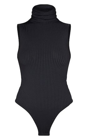 Black Sleeveless Rib Roll Neck Bodysuit | PrettyLittleThing