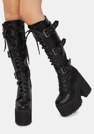 Widow Lace Up Buckle Knee High Platform Boots - Black | Dolls Kill