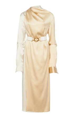 Two-Tone Draped Satin Midi Dress by Bottega Veneta | Moda Operandi