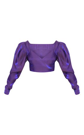 Purple Metallic Puff Sleeve Cropped Blouse | PrettyLittleThing USA