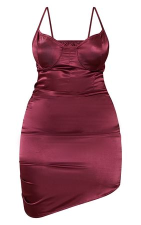 Shape Burgundy Satin Ruched Side Bodycon Dress | PrettyLittleThing USA