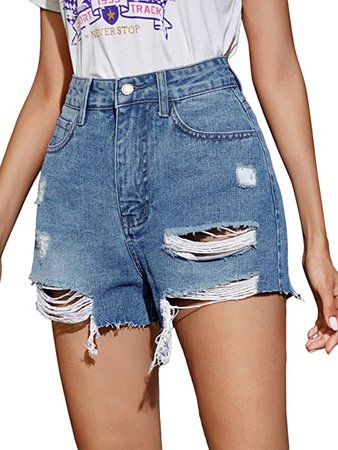 SweatyRocks Women's High Rise Jeans Shorts Raw Hen Ripped Denim Shorts Blue M at Amazon Women’s Clothing store