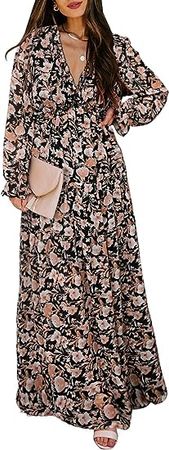 BLENCOT Womens Casual Floral Deep V Neck Long Sleeve Long Evening Dress Cocktail Party Maxi Wedding Dresses at Amazon Women’s Clothing store