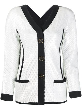 Shop white Chanel Pre-Owned 1990s sequin-embellished two-tone jacket with Express Delivery - Farfetch