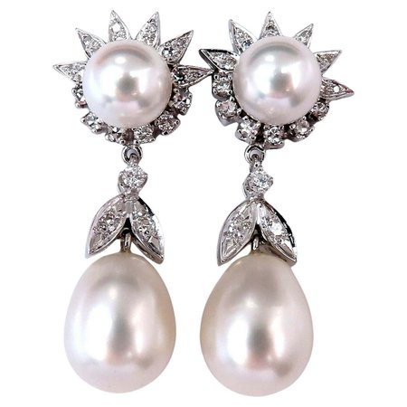 South Seas Pearls .60ct Diamonds Dangle Earrings 14kt Gold For Sale at 1stDibs
