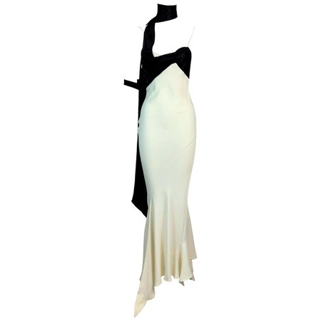 Vintage S/S 1994 John Galliano Runway Black and Ivory Satin Mermaid Maxi Dress For Sale at 1stDibs