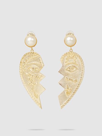 Sandra Mansour - Gold-Tone And Faux Pearl Broken Heart Earrings | The Modist