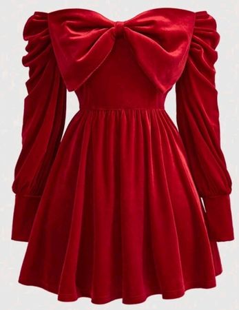 Red Velvet off shoulder Bow Dress