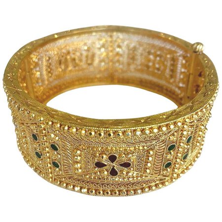 Middle Eastern Style Red and Green Enamel Wide Bangle Bracelet 21 Karat Gold For Sale at 1stDibs | middle eastern bangles