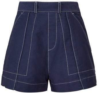 Contrast Topstitching Cotton Twill Shorts - Womens - Dark Blue
