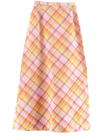 Seventies Prestige of Boston Skirt: 70s -Prestige of Boston- Womens pink background with yellow, orange, white, purple and fuchsia plaid, ankle length cotton blend skirt with side zipper and button closure and one belt loop on each side.