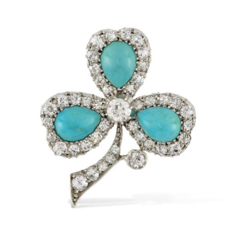 A late Victorian turquoise and diamond clover leaf brooch - Antique & Period Jewellery, Brooches at Bentley & Skinner jewellery shop in London.