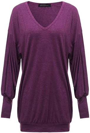 ZANZEA Women's V Neck Long Sleeve Loose Baggy Jumper Tunic Tops Sweater Mini Dress Pullover Casual Blouses T-Shirt Purple S at Amazon Women’s Clothing store