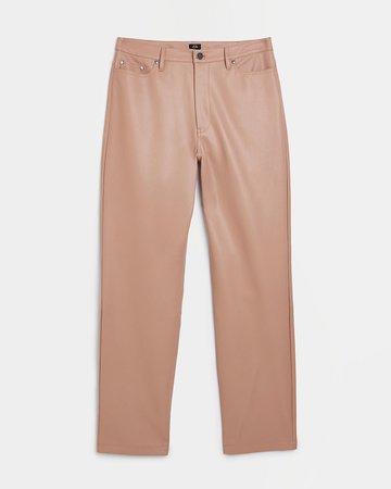 Pink faux leather straight leg trousers | River Island
