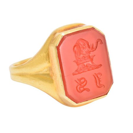 Antique Victorian Carnelian Elephant Intaglio Signet Ring For Sale at 1stdibs