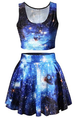 Pink Queen 2 Piece Crop Tank Top Tees and Flare Skirt Set, Blue Galaxy Print, OS, Blue Galaxy Print, One Size at Amazon Women’s Clothing store: