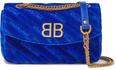 Bb Round Embroidered Quilted Velvet Shoulder Bag - Bright blue