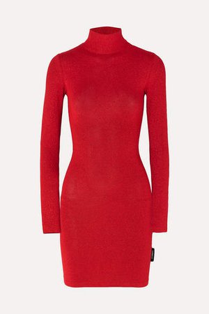 Metallic Stretch-knit Turtleneck Mini Dress - Red