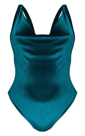 Emerald Green Velvet Cowl Neck Bodysuit | PrettyLittleThing USA