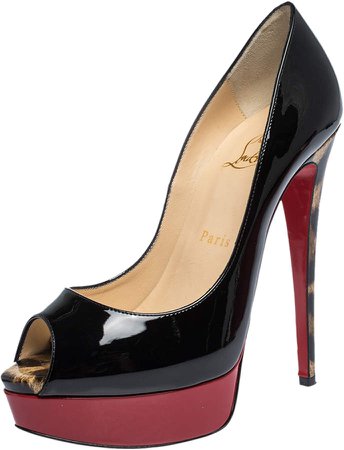 Black/Red/Leopard Print Patent Leather Lady Peep Toe Platform Pumps Size 37.5