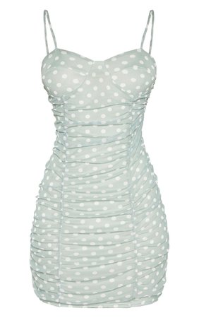 Sage Green Polka Dot Print Mesh Ruched Bodycon Dress | PrettyLittleThing