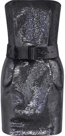 Strapless Belted Sequined Satin Mini Dress - Silver