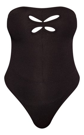 Black Rib Cutout Bandeau Bodysuit | PrettyLittleThing USA