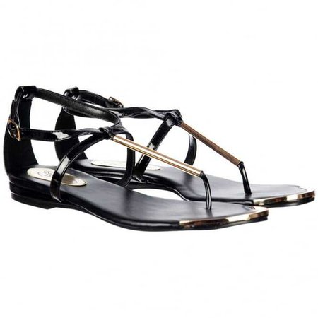 Onlineshoe Toe Post Gladiator Flat Sandal - Gold Bar and Toe Plate - Black - WOMENS from Onlineshoe UK
