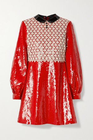 Red Patent-leather and crochet-trimmed sequined silk-satin mini dress | Gucci | NET-A-PORTER