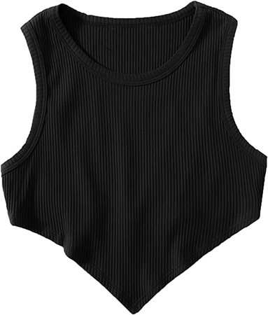SheIn Women's Round Neck Sleeveless Crop Tops Asymmetrical Neck Rib Knit Tanks Black X-Small at Amazon Women’s Clothing store