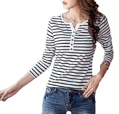 .com: FLCH+YIGE Women's Striped Tops Long Sleeve Henley Neck Casual T Shirt Blouses: Clothing - B07GTDFPY2
