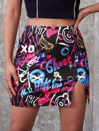 Split Hem Pop Art Print Skirt | SHEIN USA