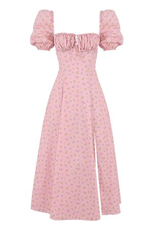 Clothing : Midi Dresses : 'Tallulah' Pink Floral Puff Sleeve Midi Dress