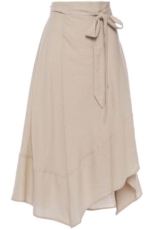 Beige Asymmetric flared pinstriped linen-blend midi skirt | Sale up to 70% off | THE OUTNET | DKNY | THE OUTNET