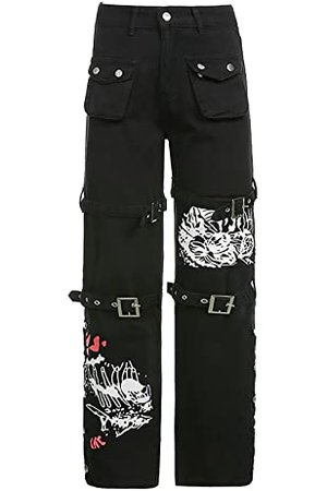 Madger Women Y2K High Waisted Jeans Loose Wide Leg Denim Trousers Graphic Print Baggy Cargo Pants Gothic Dark Punk Streetwear (Black, L) : Amazon.co.uk: Clothing