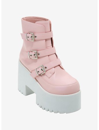 Pastel Pink Buckle Platform Boots