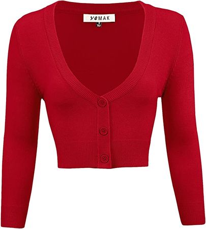YEMAK Women's Cropped Bolero Cardigan – 3/4 Sleeve V-Neck Basic Classic Casual Button Down Knit Soft Sweater Top CO129-RED-XL at Amazon Women’s Clothing store