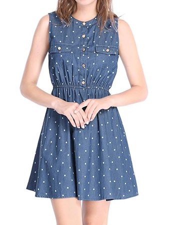 Allegra K Women's Elastic Waist Above Knee Sleeveless Polka Dot Denim Dress at Amazon Women’s Clothing store: