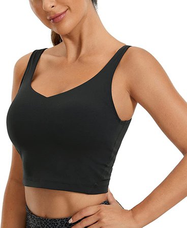 CRZ YOGA Butterluxe Womens V Neck Longline Sports Bra - Padded Workout Crop Tank Top with Built in Bra Black Small at Amazon Women’s Clothing store