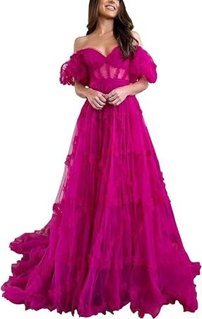 Off Shoulder Prom Dresse Long Ball Gown with Puffy Sleeves for Teens Girls Tulle Ruched Fromal Evening Gowns at Amazon Women’s Clothing store