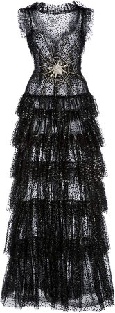 Rodarte Web-Embellished Dotted Tulle Tiered Maxi Dress