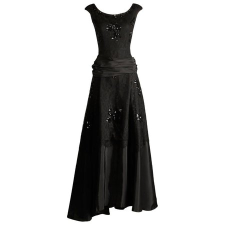 1940s Jack Herzog Vintage Black Lace + Sequin Embellished Evening Gown/ Dress For Sale at 1stdibs
