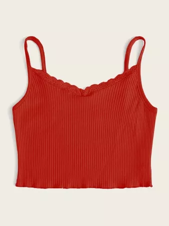 Lace Trim Rib-knit Cami Top | SHEIN USA red