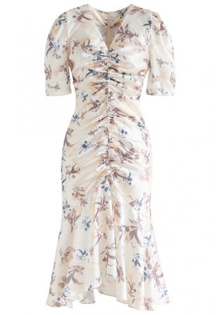 Flounced Hem Drawstring Floral Dress in Cream - NEW ARRIVALS - Retro, Indie and Unique Fashion