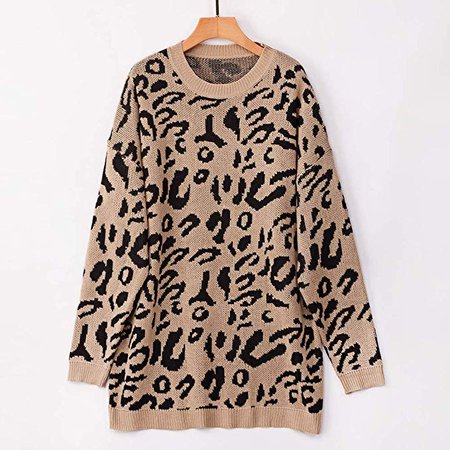 PRETTYGARDEN Women's Casual Leopard Print Long Sleeve Crew Neck Knitted Oversized Pullover Sweaters Tops (Khaki, Small) at Amazon Women’s Clothing store