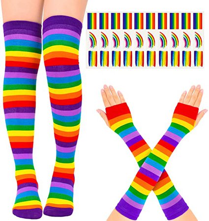 Whaline Rainbow Thick Knee High Socks Stripe Arm Warmer Gloves with 30 Pcs Gay Pride Tattoos for Women Girls Cosplay Party Accessory Parade Decoration, Rainbow Color, M: Amazon.co.uk: Clothing