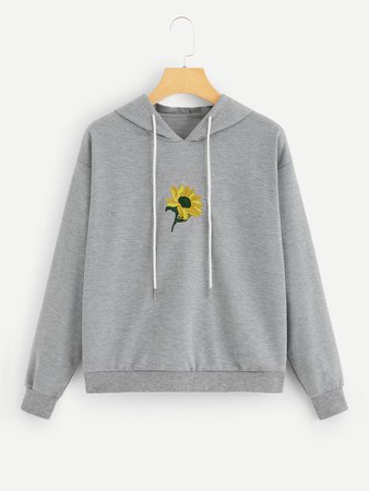Floral Embroidery Patched Drawstring HoodieFor Women-romwe
