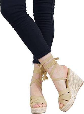 Amazon.com | LAICIGO Women's Lace Up Wedge Espadrille Sandals Open Toe Platform Ankle Strap Crisscross Slingback Summer Dress Sandals | Platforms & Wedges