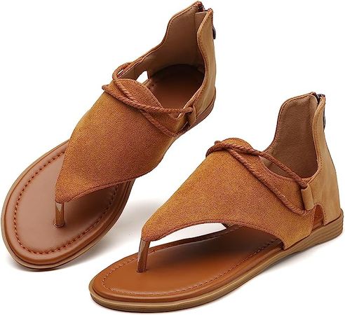 Amazon.com | Tilocow Posh Gladiator Sandals For Women Comfort Cognac Tan Flat Sandals Summer Shoes Vintage Flip Flops | Flats