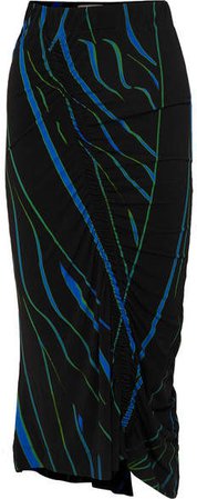 Tracy Ruched Printed Stretch-crepe Midi Skirt - Black